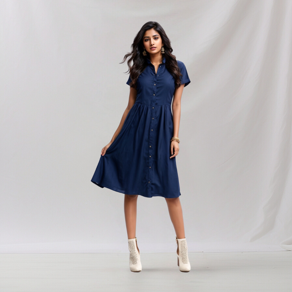 Cotton: Casual Elegance Dress (Dark Blue) House of supr offers made to measure service. Give your measurements and get dress made as per your size, Sustainable zero waste fashion