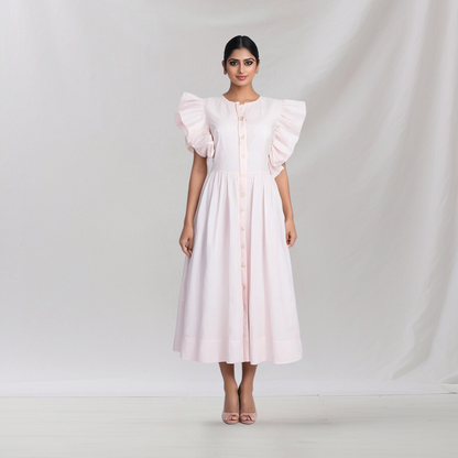 Cotton: Trendy Shoulder Frill  Dress (Cream) House of supr offers made to measure service. Give your measurements and get dress made as per your size, Sustuainable zero waste fashion