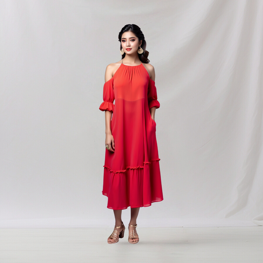 Cotton: Smart Casual Frill Dress (Red) House of supr offers made to measure service. Give your measurements and get dress made as per your size, Sustainable zero waste fashion