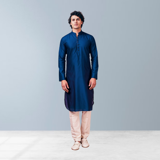 Cotton silk men's Kurta  (Navy Blue)