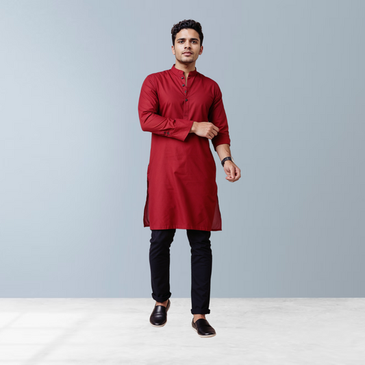 Cotton blend men's Kurta  (Dark Red)