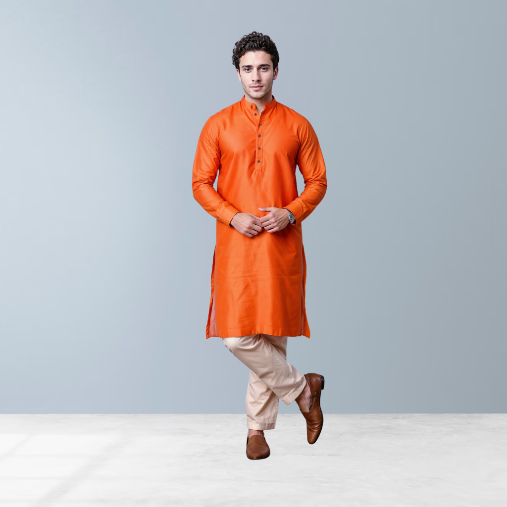 Cotton silk men's Kurta  (Orange)