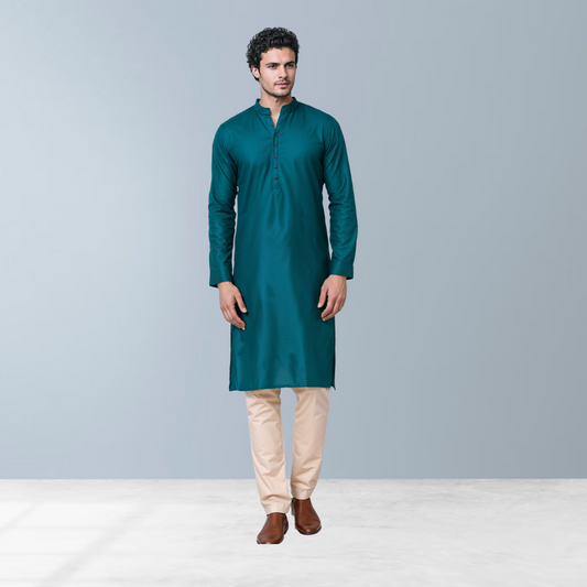 Cotton silk men's Kurta  (Dark green)