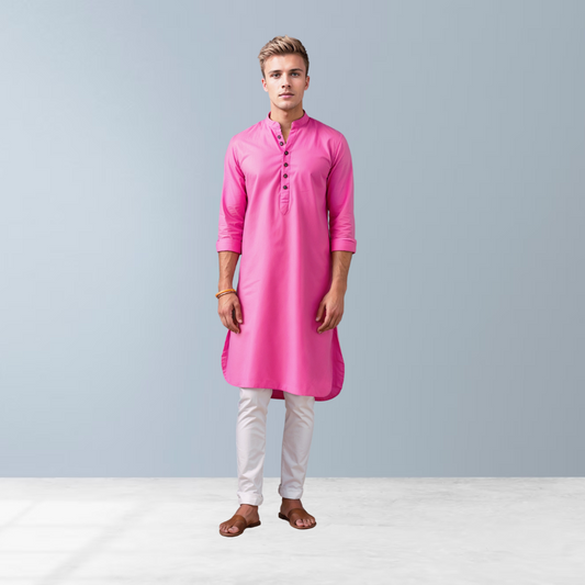 Cotton silk men's Kurta  (Bright Pink)