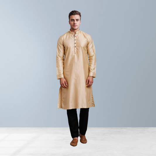 Cotton silk men's Kurta  (Beige)