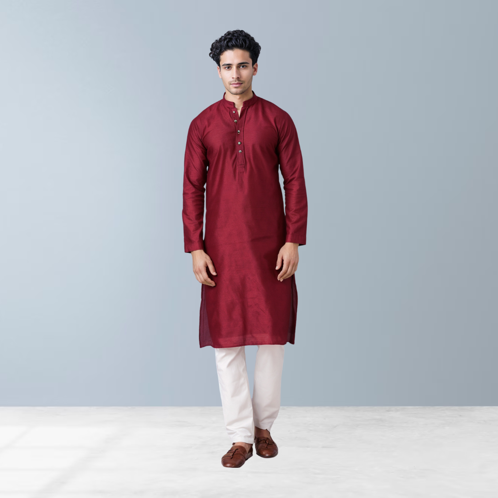 Cotton silk men's Kurta  (Red)