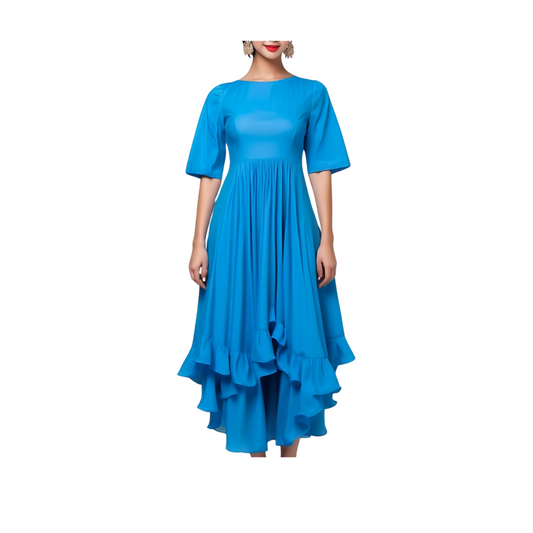 Cotton: Graceful Layered Frill Dress (Blue)