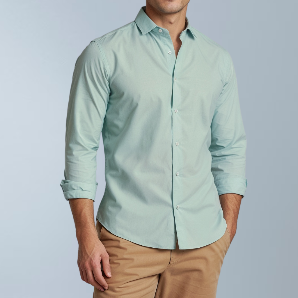 Cotton blend solid color men's casual shirt (Light Green)