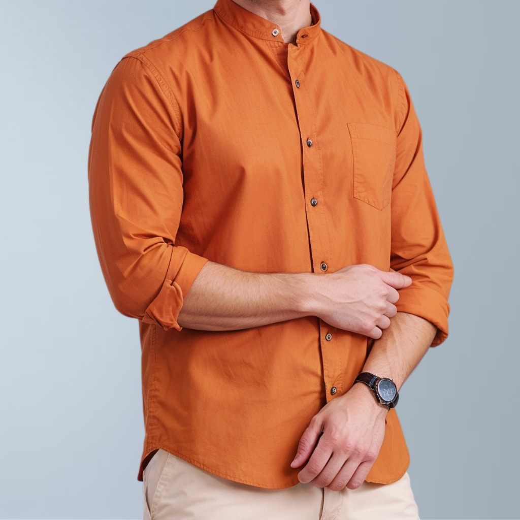 Cotton blend solid color men's casual shirt (Orange)