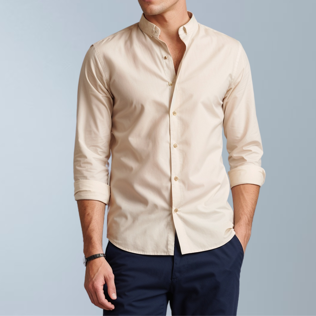 Cotton blend solid color men's casual shirt (Cream)