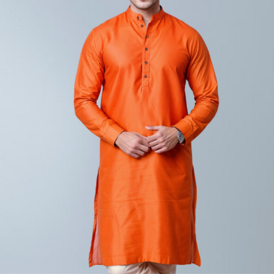 Cotton silk men's Kurta  (Orange)