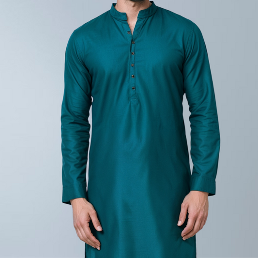 Cotton silk men's Kurta  (Dark green)