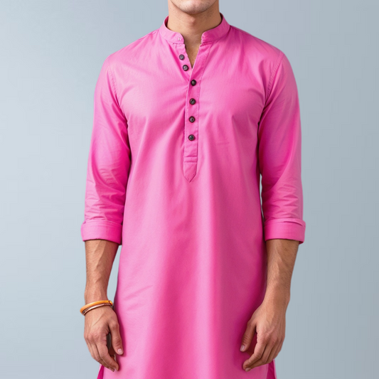 Cotton silk men's Kurta  (Bright Pink)