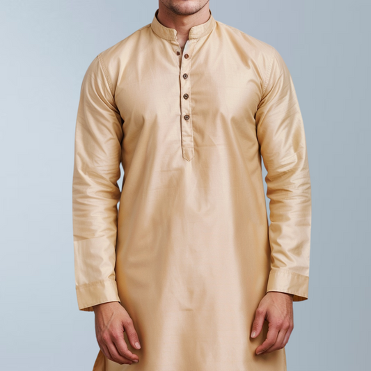 Cotton silk men's Kurta  (Beige)