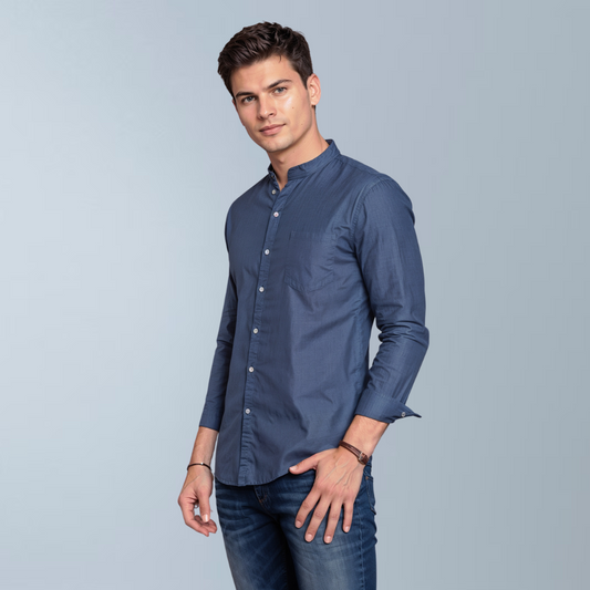 Cotton blend solid color men's casual shirt (Twilight blue)