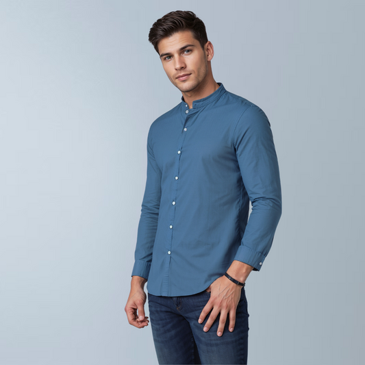 Cotton blend solid color men's casual shirt (Dusky blue)