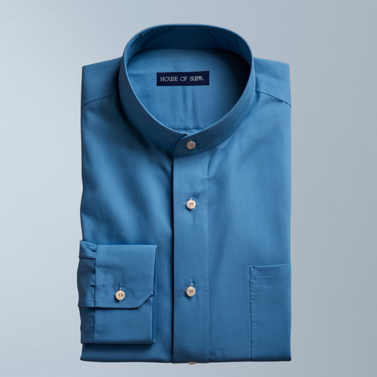 Cotton blend solid color men's casual shirt (Sapphire blue)