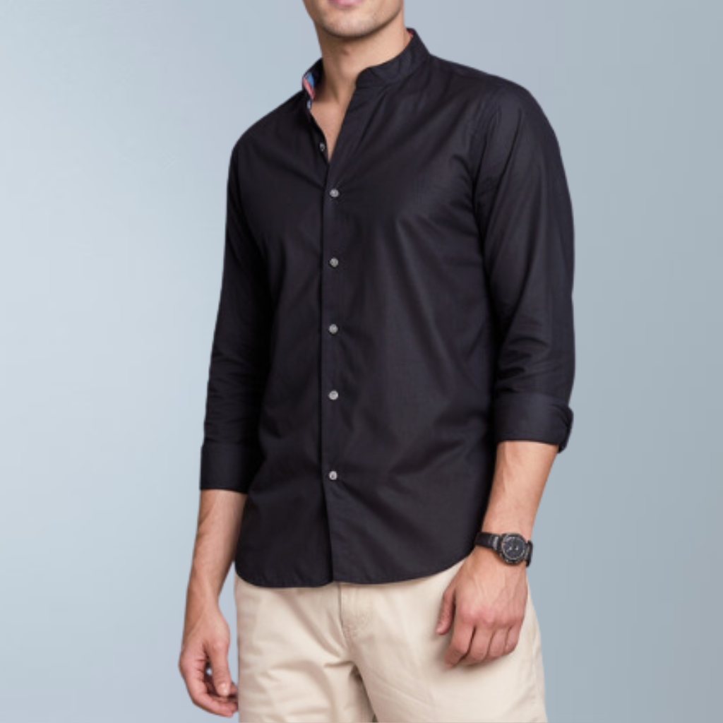 Cotton blend solid color men's casual shirt (Black)