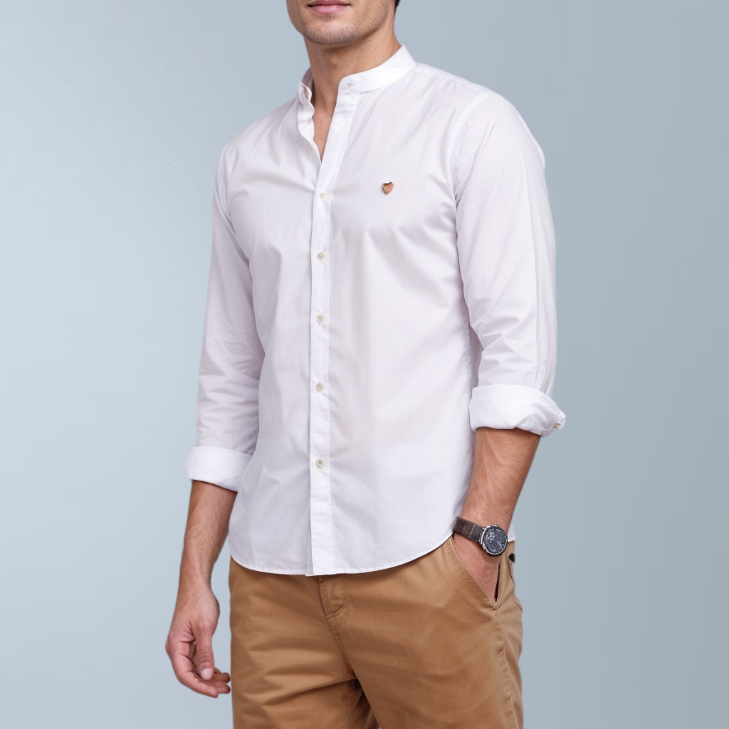 Cotton blend solid color men's casual shirt (White)