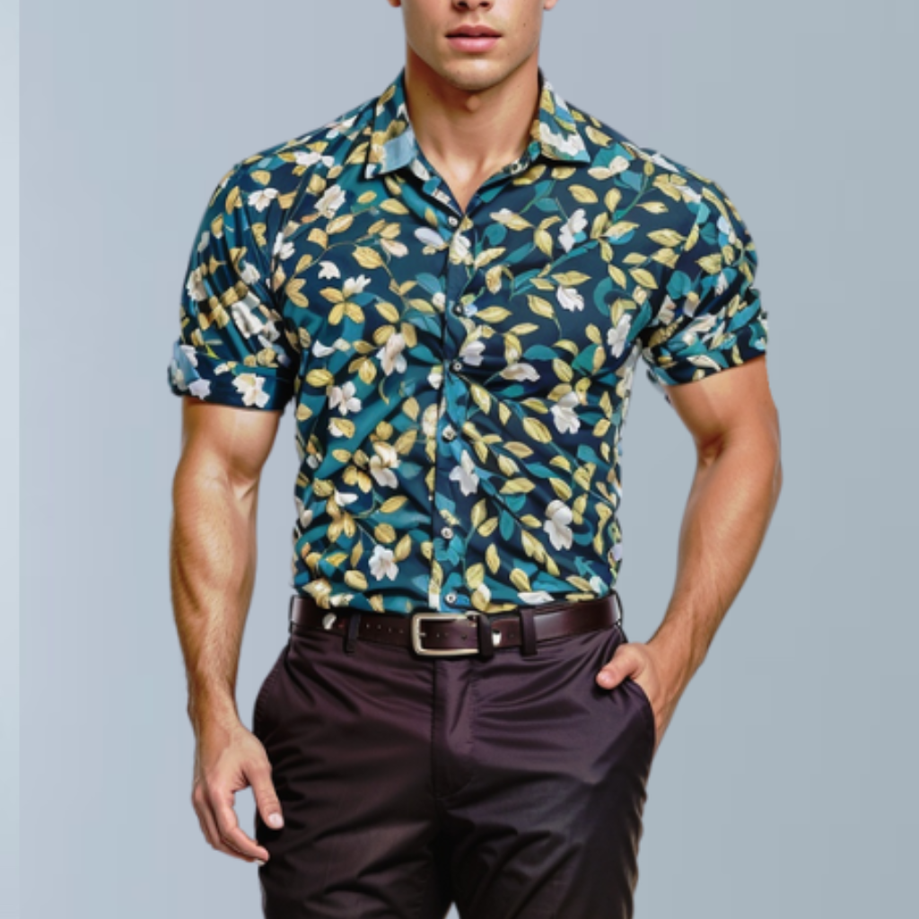 Floral pattern printed men's shirt (Blue Green color)