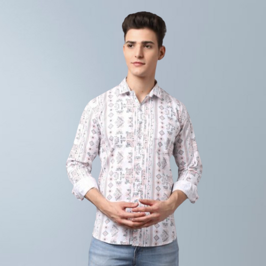 Cotton Full Sleeve Floral Printed Men's Shirt (White)