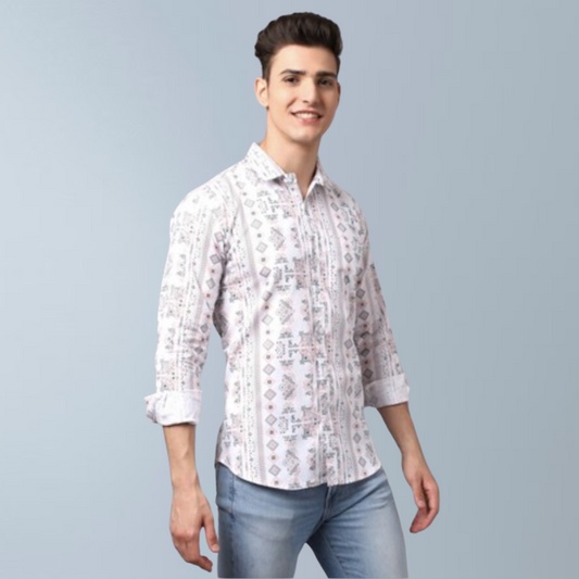 Cotton Full Sleeve Floral Printed Men's Shirt (White)