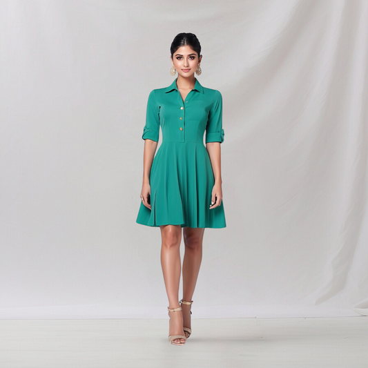 Cotton: Chic Office Dress (Green) House of supr offers made to measure service. Give your measurements and get dress made as per your size, Sustainable zero waste fashion