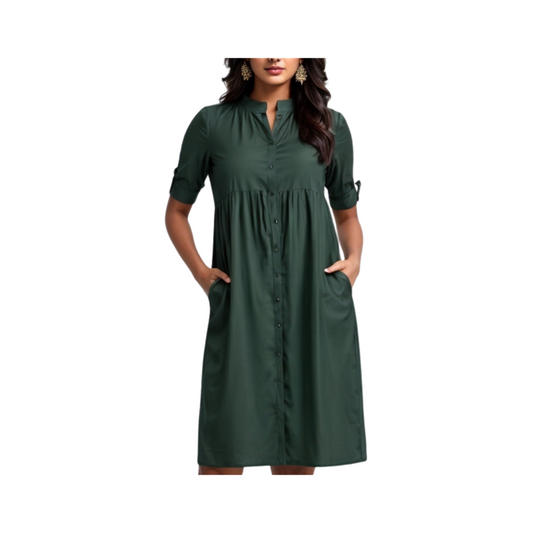 Cotton: Casual Elegance Dress (Dark Green)