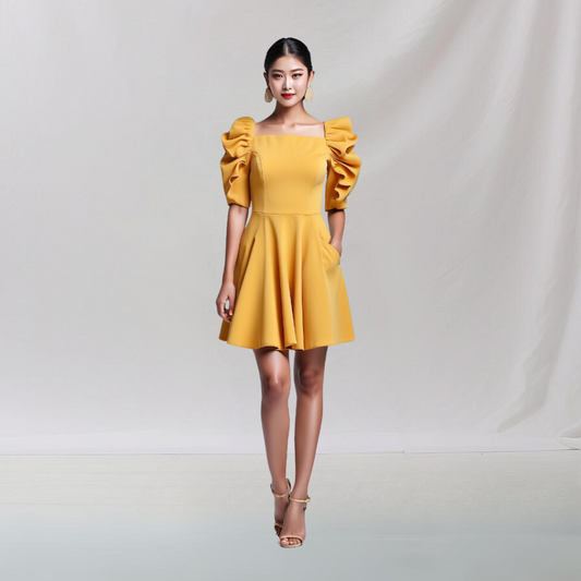 Cotton: Fashionable Layered Dress (Yellow) House of supr offers made to measure service. Give your measurements and get dress made as per your size, Sustainable zero waste fashion