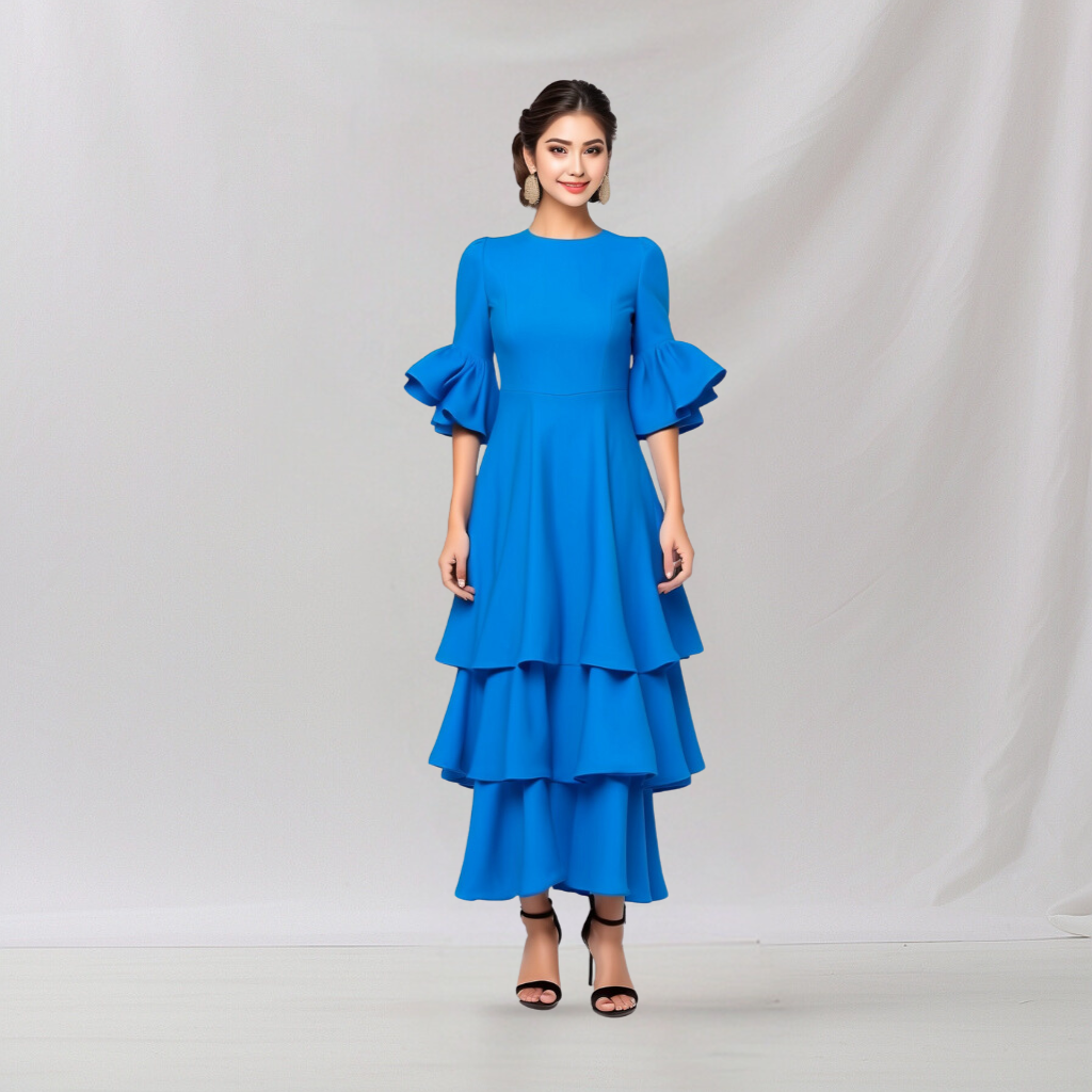 Cotton: Fashionable Layered Dress (Blue) House of supr offers made to measure service. Give your measurements and get dress made as per your size, Sustainable zero waste fashion