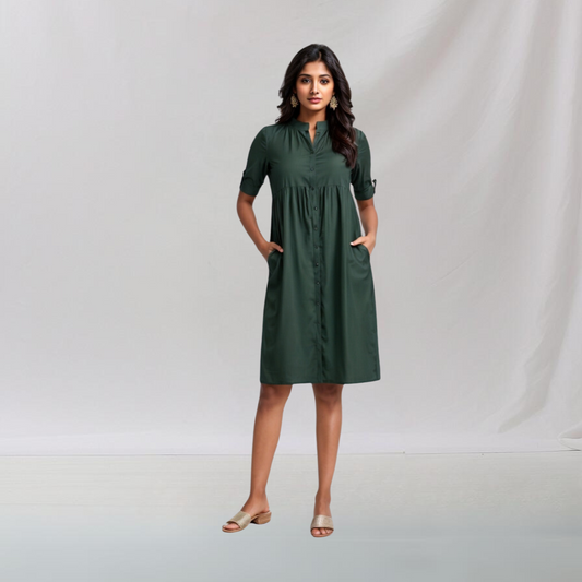 Cotton: Casual Elegance Dress (Dark Green) House of supr offers made to measure service. Give your measurements and get dress made as per your size, Sustainable zero waste fashion