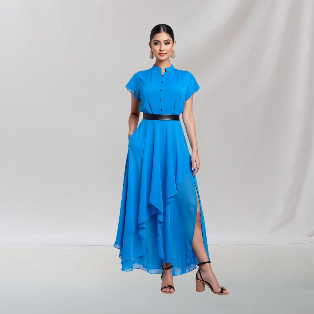 Cotton: Smart Casual Frill Dress (Blue) House of supr offers made to measure service. Give your measurements and get dress made as per your size, Sustainable zero waste fashion