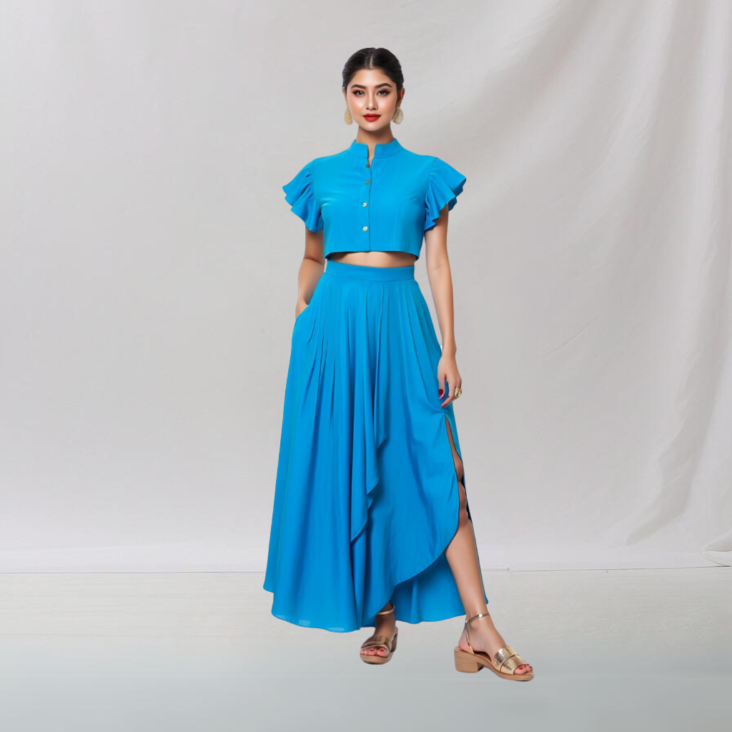 Cotton: Smart Casual Co ord Dress (Blue) House of supr offers made to measure service. Give your measurements and get dress made as per your size, Sustainable zero waste fashion