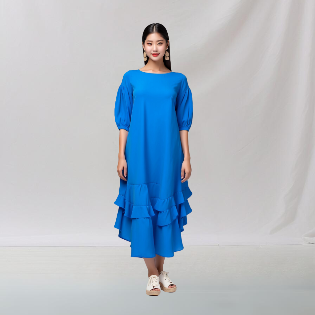 Cotton: Graceful Layered Dress (Blue) House of supr offers made to measure service. Give your measurements and get dress made as per your size, Sustainable zero waste fashion