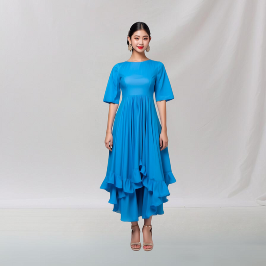 Cotton: Graceful Layered Frill Dress (Blue) House of supr offers made to measure service. Give your measurements and get dress made as per your size, Sustainable zero waste fashion